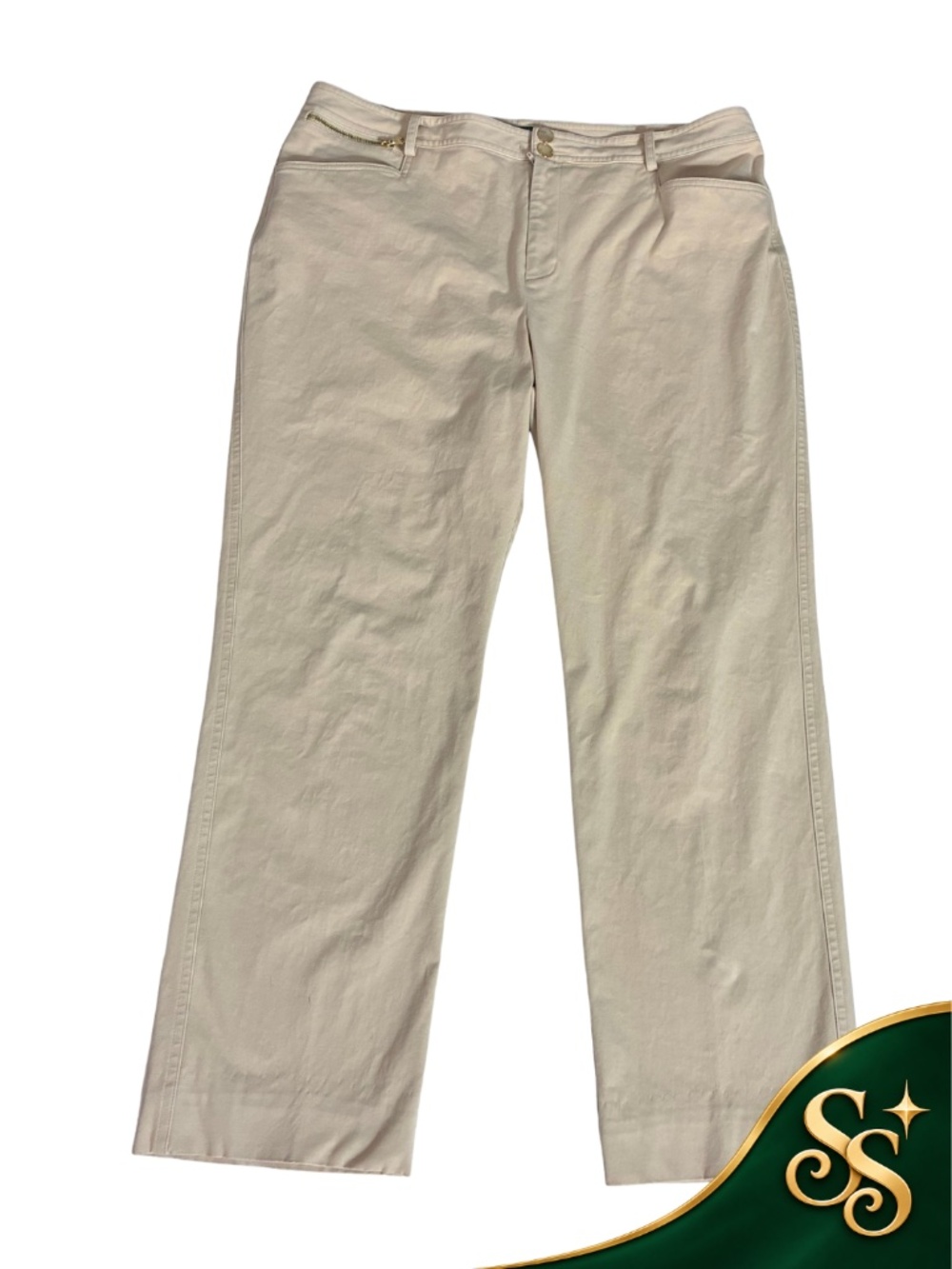 Pants Lauren Ralph Lauren Size 16 Beige Chino Straight Leg Gold Zip Stretch